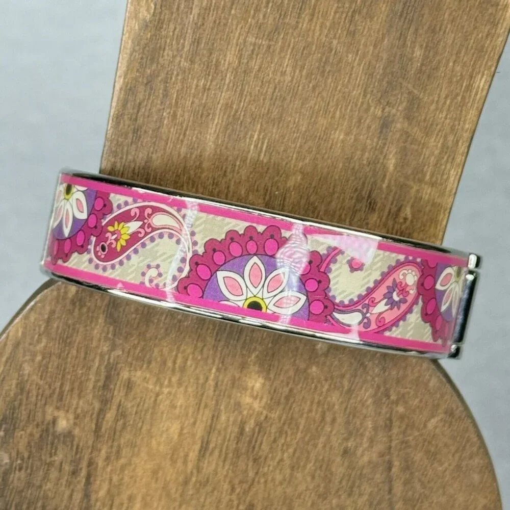 Vera Bradley Bracelet Paisley Meets Plaid Pink Silver Tone Clamper Bangle 7